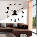 Large DIY 3D acrylic yoga wall clock with pose silhouettes for modern living room decor - Black