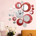 Close-up detail of DIY circle acrylic mirror wall clock, modern art silent wall decor. - S / Red + Silver