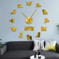 DIY Bichon Frise acrylic mirror wall clock, modern golden 3D art sticker for living room decor. - Gold