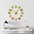 Große 3D Acryl Spiegel Wanduhr mit Weinmotiven, perfekte moderne Dekoration für das Wohnzimmer. - Gold