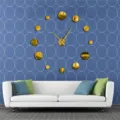 Large 3D acrylic mirror wall clock DIY gold round dots modern design for living room decor - Gold
