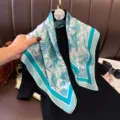 Blue floral silk square scarf detail, elegant satin neckerchief accessory for women. - RY-20