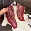 Detailed view of the red and white paisley print square satin scarf, elegant silk shawl. - RY-42