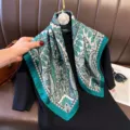 Green and white paisley print silk square scarf, 70cm elegant women accessory shawl. - RY-45
