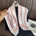 French style Toile de Jouy print silk scarf, elegant pink and white square shawl for women. - RY-58