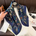 Navy blue vintage floral silk square scarf, elegant botanical print neckerchief shawl. - RY-12