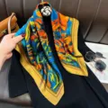 French style floral square scarf 70cm orange blue luxury silk neck scarf for women - RY-13