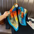 French Style 70cm Orange Silk Satin Square Scarf Floral Print Versatile Neck Scarf Shawl - RY-35