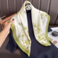 Women's 70cm silk square scarf with elegant green floral and butterfly print for versatile styling. - RY-53