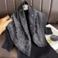 Chic black silk square scarf with white celestial sun and star print, elegant vintage fashion style. - RY-56