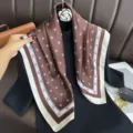 Elegant 70cm brown silk square scarf with white bee print and stylish striped border. - RY-63
