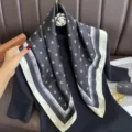 Elegant 70cm black silk square scarf with classic bee print and striped border design. - RY-64