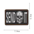Detailed shot of tactical skull embroidered patch with clear stitching and size dimensions. - SEND IT Skull Embroidered Patch