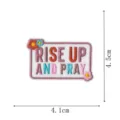 Embroidered patch detail showing religious quote design with colorful floral accents and size markers. - Rise Up And Pray Style (DW9156-7)