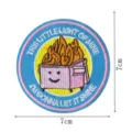 Detailed view of a cute round embroidered patch featuring a burning dumpster design, size 7cm. - Pink Trash Can Fire (DW9802-21)