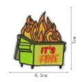 Detailed view of dumpster fire embroidered patch with text, showing fine stitching and size. - Burning Trash Can Two (DW9802-41)