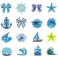 Blue nautical cartoon embroidery patches for clothing decoration, starfish anchor whale DIY. - 16-Piece Set