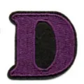 Close-up of purple alphabet letter D embroidery patch detail showing neat stitching texture. - Letter D