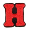 Detailed close-up of a red and black embroidered letter H patch, clothing accessory. - Letter H