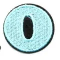 Close-up detail of a round embroidered letter patch with light blue border and black center. - Letter O