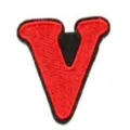 Detailed close-up view of red embroidered letter V patch for clothing decoration. - Letter V