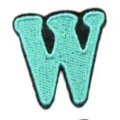 Detailed close-up shot of an embroidered letter W patch, featuring vibrant turquoise color. - Letter W