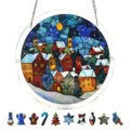 Acryl puzzel hangend bord in glas-in-lood stijl winter sneeuwdorp met feestelijke stukjes. - PT-TYU313