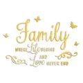 Gouden acryl familie muursticker detail met vlinder en Engelse citaat typografie ontwerp. - Goud