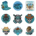 Assorted cowboy embroidered iron on patches set for clothing backpack jacket decor. - Full Set of 9 (DW9811A一套9个)
