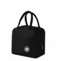 Black insulated lunch bag with cute bear logo design, waterproof thermal bento handbag. - Black