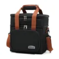 Sac isotherme à double compartiment noir avec lanières marron pour pique-nique et repas. - Noir