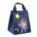 Dark blue insulated lunch bag with cartoon astronaut bear, portable bento bag for kids. - 3D Navy Space Bear