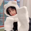 Cozy white fleece bear ear hat scarf gloves set, cute winter detail view for women warmth. - Three-Piece Set / White