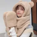 Ensemble écharpe à capuche et gants avec oreilles d'ours pour femmes, accessoire d'hiver chaud. - Ensemble trois pièces / Abricot