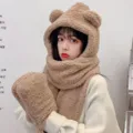 Cute winter plush bear ear hooded scarf and gloves set, warm thick fleece thermal three-piece. - Three-Piece Set / Brown
