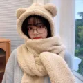 Ensemble écharpe cagoule et gants en peluche d'ours mignon pour femme, hiver kaki chaud. - Ensemble deux pièces / Abricot