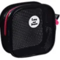 Portable black mesh cosmetic bag small square travel toiletry pouch with pink zipper and logo patch - Black