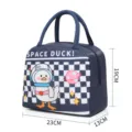 Insulated lunch bag with cute space duck pattern, thick foil lining portable bento tote for students. - B Navy Grid Space Duck