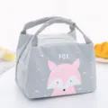 Grey insulated lunch bag with cute fox print, portable canvas thermal tote for food storage. - Animal Fox
