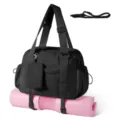 Multi-functional fitness tote bag with detachable shoulder strap, side pockets, and yoga mat holder. - Black