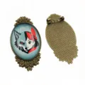 Vintage bronze oval brooch pin base with glass time gem featuring wolf and girl design. - B1-16 / 30x40mm Inner Diameter