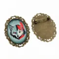 Vintage bronze oval glass cabochon brooch pin with fantasy wolf and anime girl art design DIY. - B1-17 / 30x40mm Inner Diameter