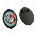 Vintage oval brooch base featuring a cute wolf and girl graphic glass cabochon. - B3-01 / 30x40mm Inner Diameter