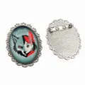 Oval alloy brooch base tray with glass cabochon featuring a split wolf and girl graphic design. - B3-44 / 30x40mm Inner Diameter