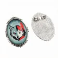 Vintage silver oval brooch featuring a creative split wolf and girl glass cabochon design. - B4-19 / 30x40mm Inner Diameter