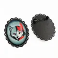 Oval glass cabochon brooch pin with split wolf and anime girl art and black lace frame. - D3-28 / 30x40mm Inner Diameter