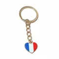 Gold-tone metal keychain with heart-shaped French flag enamel pendant accessory close-up view. - Heart Flag Style (SG-F4-06)
