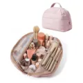 Pink quilted cosmetic bag with large capacity, multi-compartment travel makeup organizer. - Pink