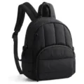 Detailed view of the black quilted backpack showing fine stitching and durable zippers. - Black