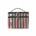 Double layer striped cosmetic bag with handle large capacity travel makeup organizer case - Green and Pink Stripes